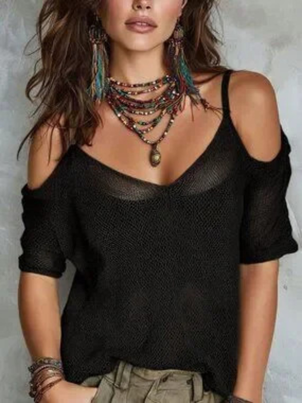 Black Casual Women's Crochet Cold Shoulder Sleeveless Crop Top Loose Elegant